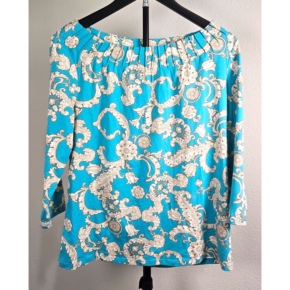 Talbots Petites L Aqua Blue Baroque Scroll Print Off Shoulder Top Pima Cotton